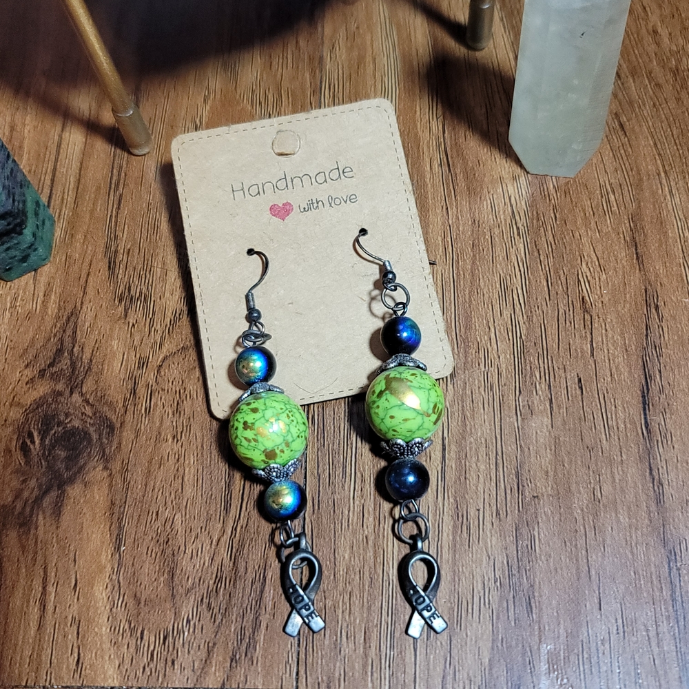 🔥3 For $15 Handmade Green and Blue Dangle Cancer Awareness Earrings